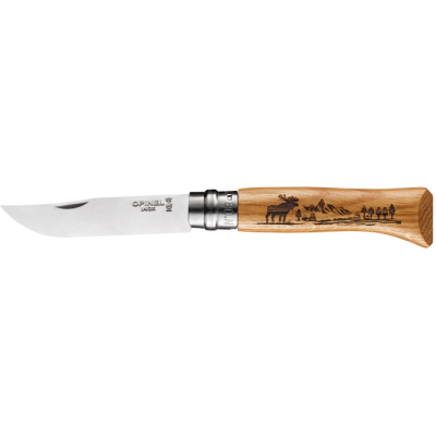 Нож OPINEL №8 ANIMALIA, нержавеющая сталь, рукоять дуб, гравировка лось